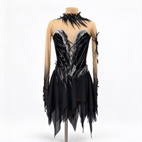 Robe de patinage artistique pour enfants et adultes, col en plumes, manches longues en maille, dos orné de strass, pour compétition et spectacle de patinage sur glace