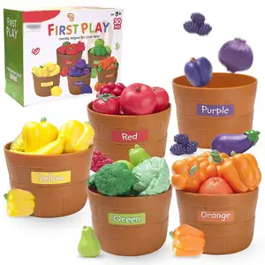 30PCS Pretend Play Kitchen Set Montessori Toy Counting Classifying Matching Set Toys Fruits and Vegetables with Bucket for Kids