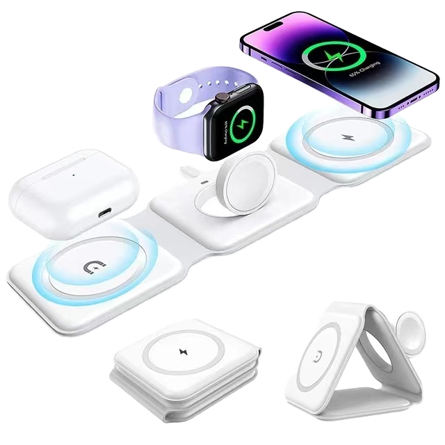 Portable 3-in-1 Wireless Charger Folding Travel Charger with Magnetic Foldable Feature 10W Output Power for Earphone Use