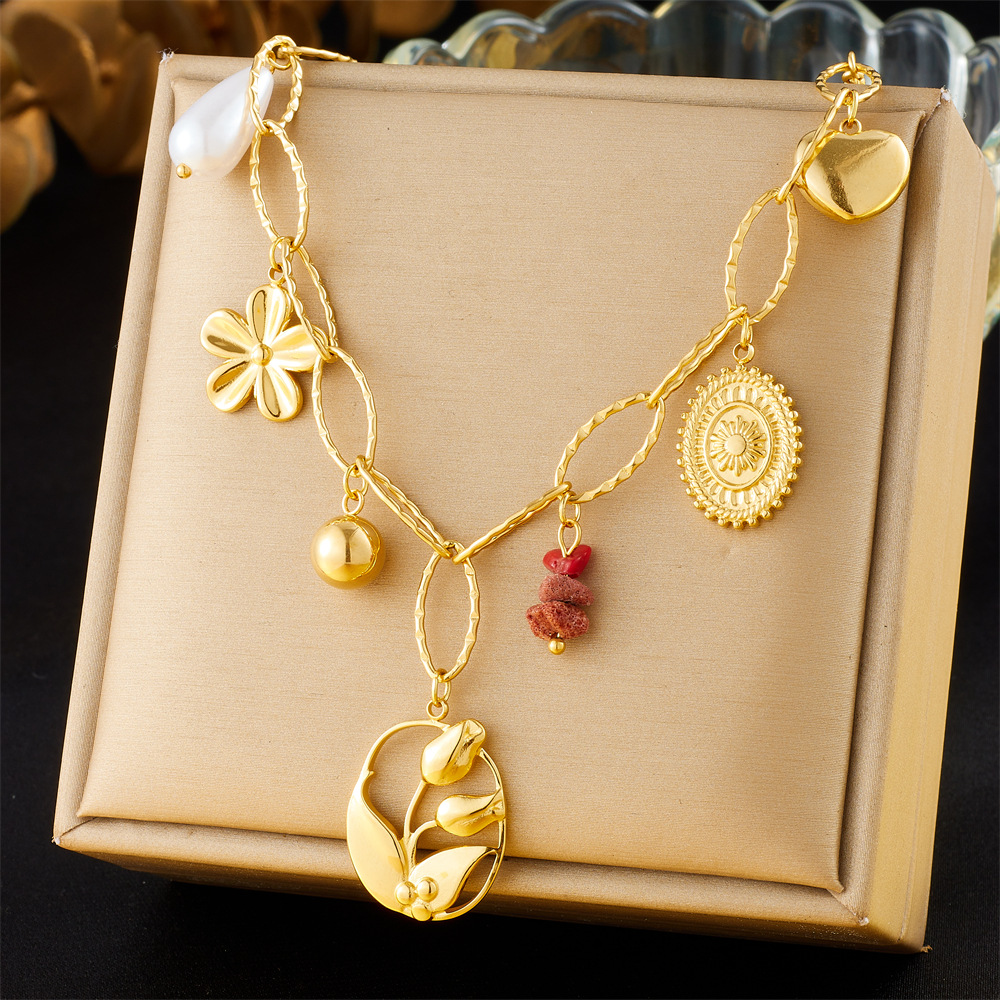Ins Style Gold Plating Flower Pendant Necklace Stainless Steel Oval Harmony Bell Necklaces Pendant Chain Geometric Jewelry