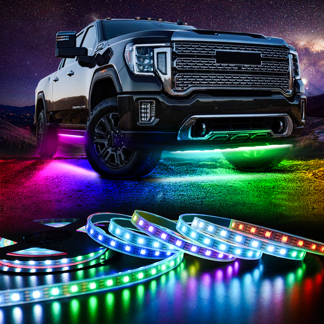 New Dream Color RGB LED Strip Car Underbody Chasing Flow Neon Lamp 4pcs Remote Control 12V Lights Car Decorative Lighting