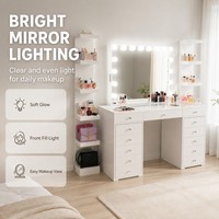 Table de toilette moderne sur pied avec 12 tiroirs, éclairage LED et plateau en verre, personnalisable en gros, pour chambre de femme, grande taille