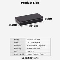 Boîte en étain rectangulaire à couvercle plat brillant 261 x 116 x 43 mm pour l'emballage de bonbons, avec matériaux de qualité alimentaire et conformité certifiée FDA