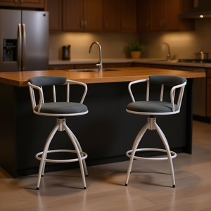 Ensemble de 2 tabourets de bar industriels modernes avec assise en tissu, structure métallique, pivotants, hauteur comptoir, pour îlot de cuisine - Product Image 2