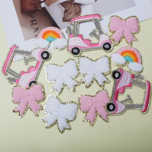 Nouveau design, patch brodé thermocollant en chenille avec bordure argentée, motif nœud exquis pour voiturette de golf, pour la décoration de vêtements et sacs - Product Image 3