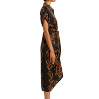 Robe midi pour femme, de qualité supérieure, design d'usine, en satin floral tissé naturel, à col chemise, manches courtes, avec ceinture à nouer, imprimé personnalisé, pour le quotidien