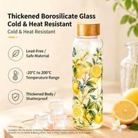 Fruitprint glazen waterfles met bamboe deksel, helder borosilicaatglas, groothandel