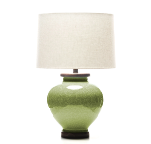 Lampe de table en céramique de grande taille, couleur verte craquelée, lampe en porcelaine avec abat-jour en lin pour la décoration d'hôtel et de maison - Product Image 1