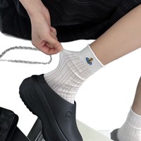 Chaussettes mi-mollet respirantes en coton fin à bord roulé pour femme, broderie Saturne, mélange noir et blanc, polyvalentes