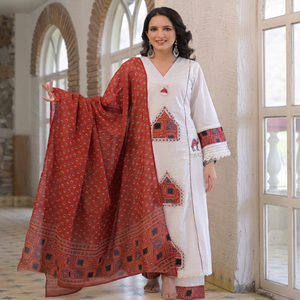 Traje de Mujer Blanco de Algodón Bordado con Dupatta Color Mostaza, Estilo Tradicional, Corte Regular, Largo hasta la Rodilla, Secado Rápido, Multi-estación - Product Image 1