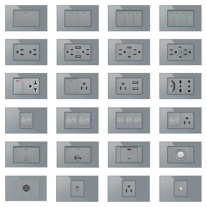 Interruptores y enchufes de pared estándar americano FIKO 118 tipo Panel de vidrio templado gris 15A/20A/45A interruptores eléctricos de luz para el hogar