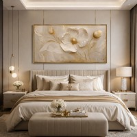 Peinture à l'huile panoramique artisanale sur toile, fleurs dorées et blanches, texture impasto 3D, pour décoration murale de hall de luxe