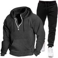 Nouvel ensemble sportif décontracté pour homme : sweat à capuche demi-zippé à motif gaufré et pantalon noir