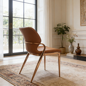 Silla de Comedor Moderna de Lujo en Cuero Marrón con Estructura Metálica Dorada, Silla de Comedor Ergonómica Tapizada para Cocina, Sala de Estar, Hotel - Product Image 5
