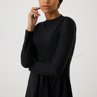 Burkini personnalisé à marque privée pour femmes, maillot de bain musulman modeste, tunique de bain noire à nœud sur le devant et manches longues avec pantalon, commande en gros OEM