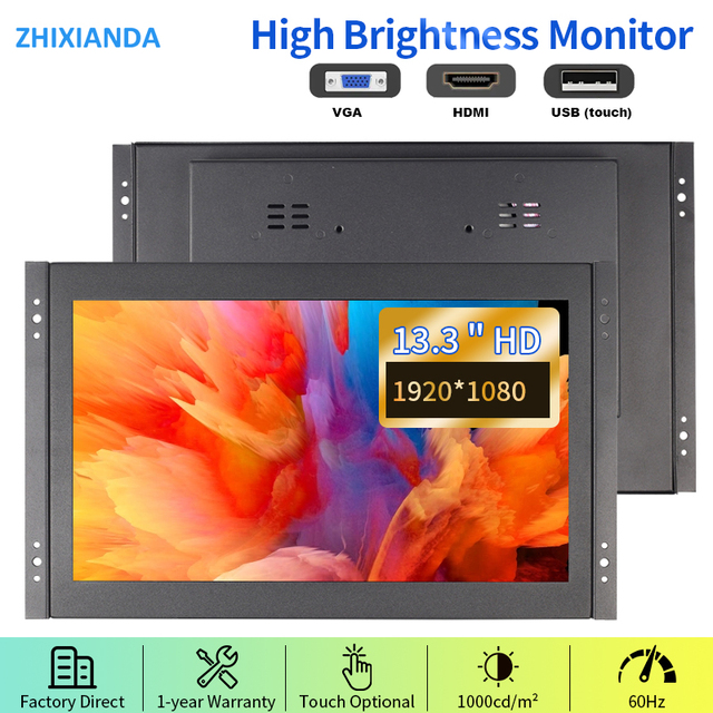 Sunligh Readable 1000 Nits 13.3 Inch 1920*1080 Open Frame Monitor Capacitive Touch Screen Industrial Display With VGA HDMI