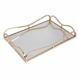 Bandeja de Servicio con Espejo y Asa, Color Dorado, Rectangular, de Vidrio, para Hotel y Restaurante - Product Image 1