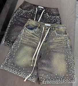 Shorts en jean streetwear vintage personnalisés OEM d'usine avec strass pour hommes - Product Image 1