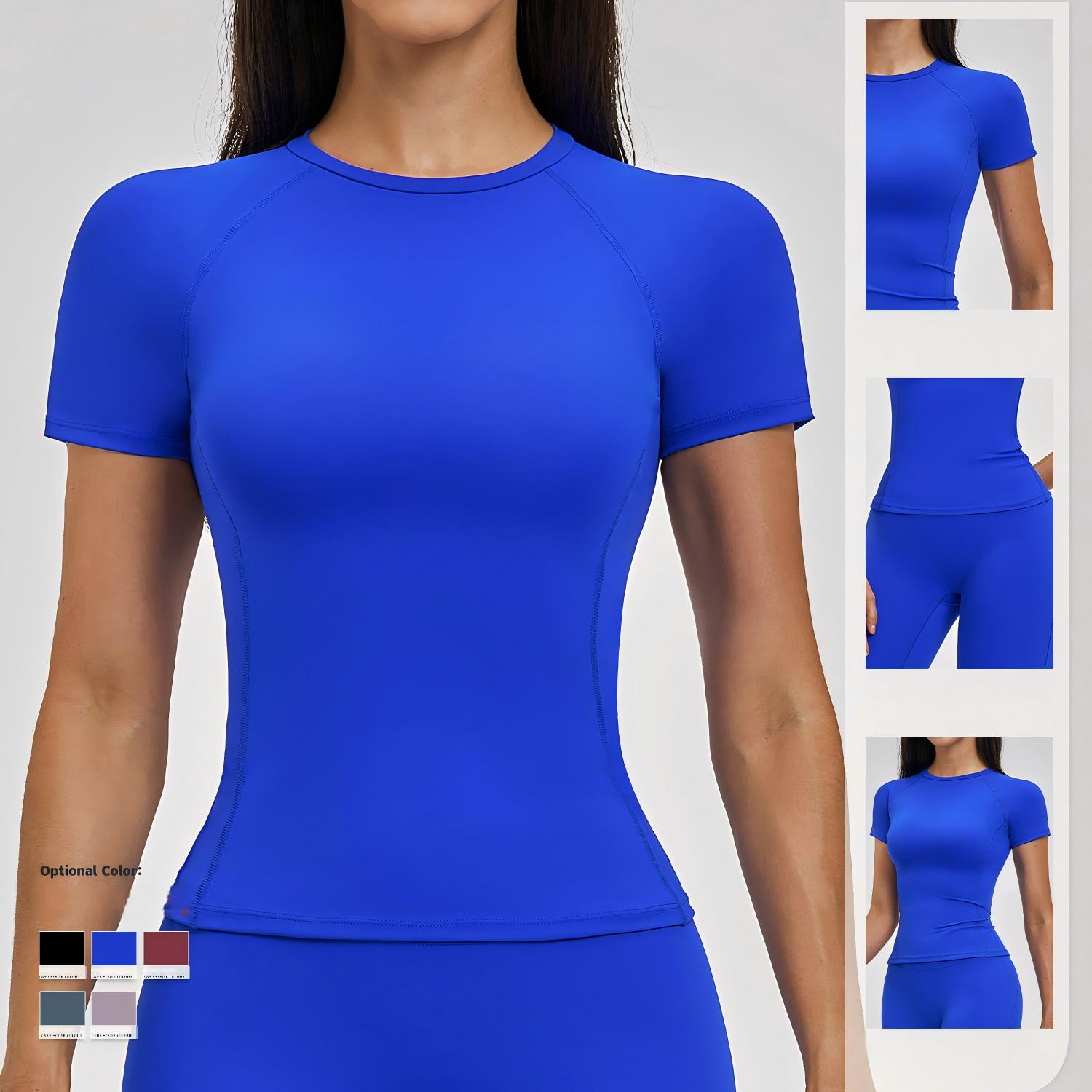MAYYOUNG Brushed Spandex/Nylon Plus Size Breathable Yoga Short-Sleeve Crew Neck Slim-Fit Defined-Waist T-Shirt Women's Outdoor