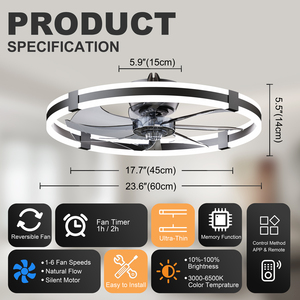 23.6'' LED <b>Ceiling</b> <b>Fan</b> Light <b>Remote</b>& APP <b>Control</b> DC Motor Aluminum Body 7 Blades 6-Speed Infinite Dimming fandelier for bedroom - Product Image 6