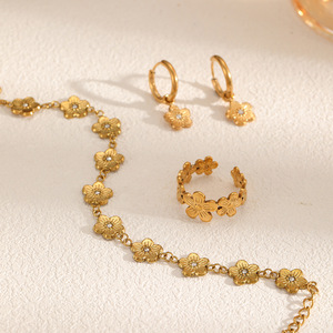 Flower Jewelry <b>Set</b> Stainless Steel 18k Gold Plated <b>Bracelet</b> Ring Earrings Women's Fashion Accessories - Product Image 2