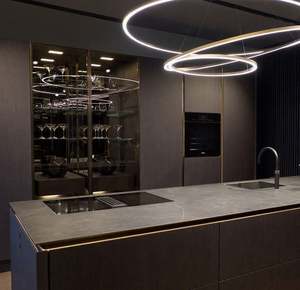 Ensemble de meubles de cuisine BALOM Factory, design moderne, sans poignées, en contreplaqué, design beige, en forme de L, avec îlot - Product Image 5