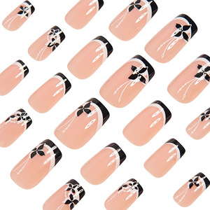 24 Uñas Postizas Negras con Franjas Blancas Francesas y Patrón Floral Chino, Uñas de Cobertura Completa, Puntas de Uñas para Manicura DIY - Product Image 3