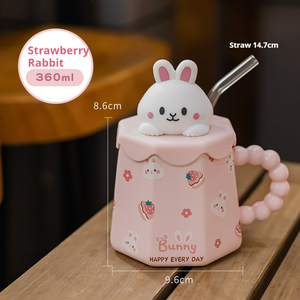 Tasse en céramique mignonne avec couvercle et paille tasse à café de bureau d'appel élevé pour les filles tasse à boire de l'eau - Product Image 6
