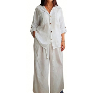 Women's Linen 2 Piece Set - Button <b>Down</b> Drawstring Shirt & Wide Leg <b>Pants</b> Outfit Womens Clothes Womens Sets Fashion - Product Image 1