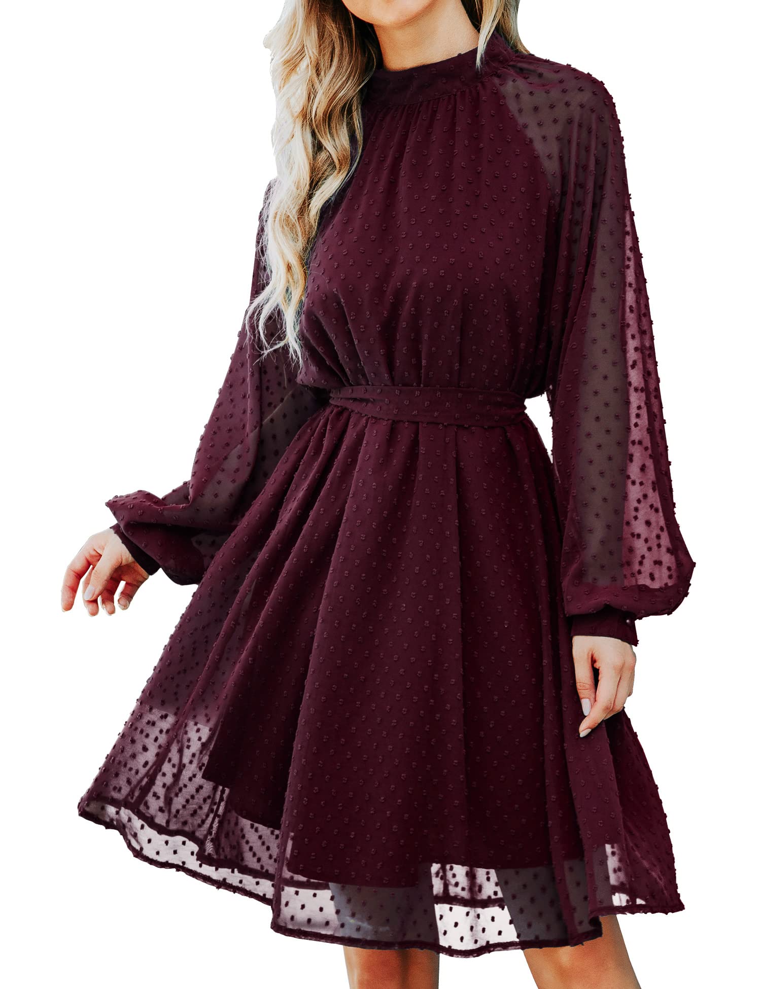 Women's Long Sleeve Wedding Guest Dresses Flowy Chiffon Swiss Dot Casual  Midi Dress With Belt| Alibaba.com