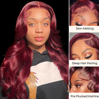 Perruques sans colle T1B/99J Ombre Body Wave en cheveux humains, perruque à dentelle frontale avec raie libre, coupe professionnelle en couches et couleur bordeaux vibrante