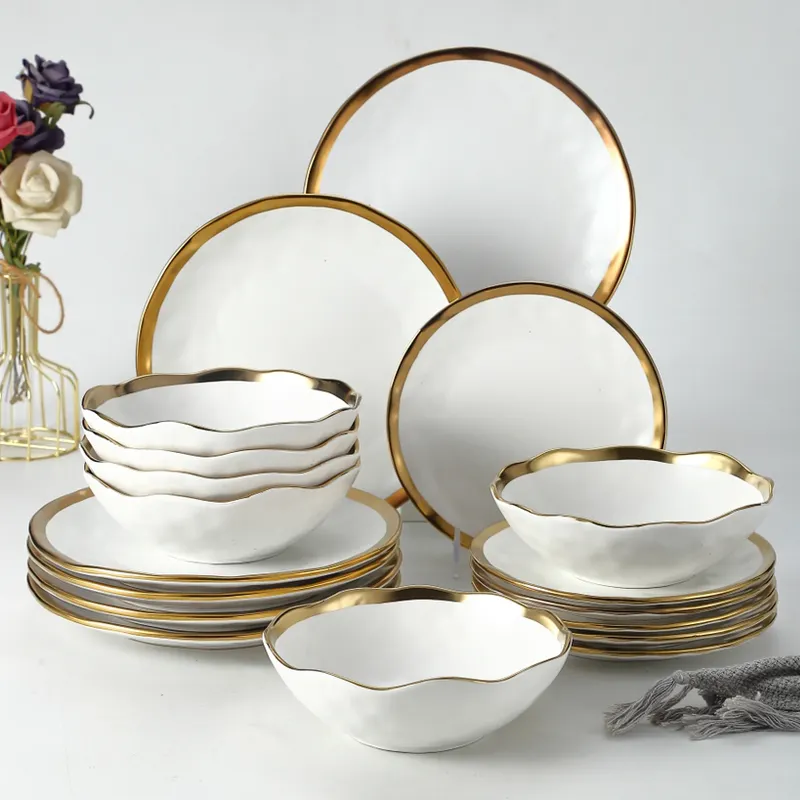 YanTai Tongli Wholesale luxury wedding white porcelain tableware sets dinner plates bowls ceramic dinnerware with gold rim