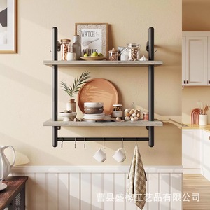 Étagère murale double couche en bois, couleur bois naturel, 2 niveaux, sans perçage, pour rangement mural de cuisine - Product Image 1