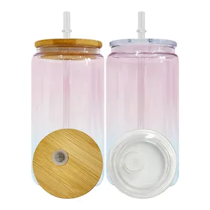 USA warehouse 16oz ombre jelly crystal ocean glass can with pp bamboo lid for UV DTF wraps for iced coffee, soda, Pop