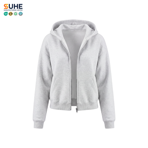 Sweat-shirt pour femme SUHE OEM ODM anti-rétrécissement avec logo frontal, coupe courte, fermeture éclair intégrale, poche kangourou et ourlet côtelé - Product Image 1