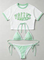 Set Bikini 3 Potong Wanita dengan Kaos Lengan Pendek Bermotif, Pakaian Pantai, Baju Renang, Pakaian Renang Liburan Musim Panas untuk Wanita