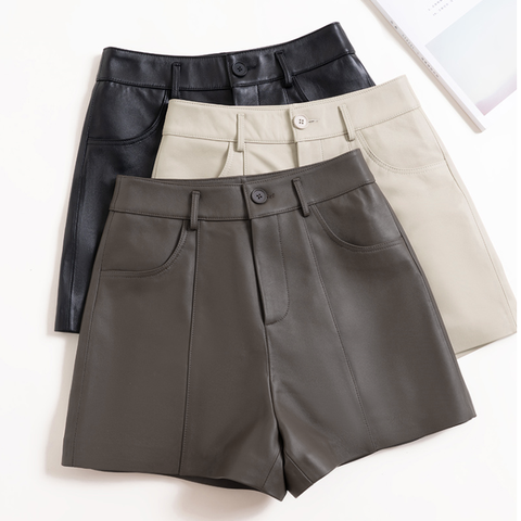 3633 Spring Summer Real Leather Shorts Women's Casual High Waist Brown Leather Shorts Women