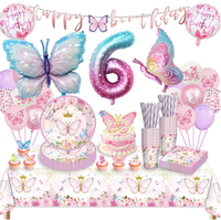 Assiettes, gobelets, serviettes, nappes, ballons, accessoires, décorations de gâteau, drapeaux, vaisselle et fournitures pour fête prénatale ou anniversaire sur le thème des papillons