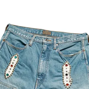 Custom Metal Stud Gem Hombres jeans Shorts Vintage Streetwear Rhinestone Denim Shorts Hombres