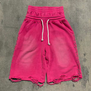 헤비웨이트 면직물 맞춤형 통기성 산성 워싱 디스트레스드 반바지 남성 무릎 길이 이중 허리끈 스웨트 조츠 - Product Image 2