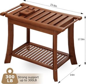 <span class=keywords><strong>Panca</strong></span> Doccia Moderna di Lusso in Teak con 1 Ripiano Portaoggetti e Portasciugamani, Ecologica per Uso Interno/Esterno, Bagno, Spa, Piscina - Product Image 2