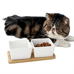 Adjustable Solid Pattern Waterproof <b>Ceramic</b> <b>Dog</b> Cat Food Water Bowl Elevated Wood Bamboo Stand - Product Image 4