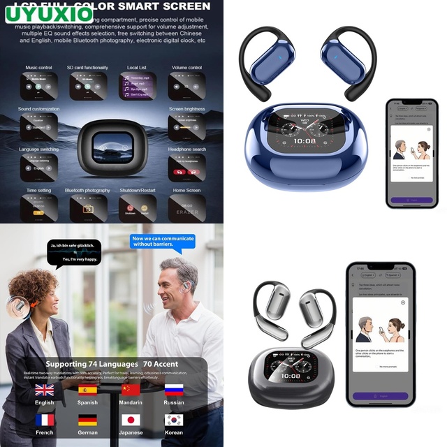 Hands Free AI Translator Earbuds Universal Lang 144 Support Smart LCD Controller Active Voice Sync Tech Air Conduction Style