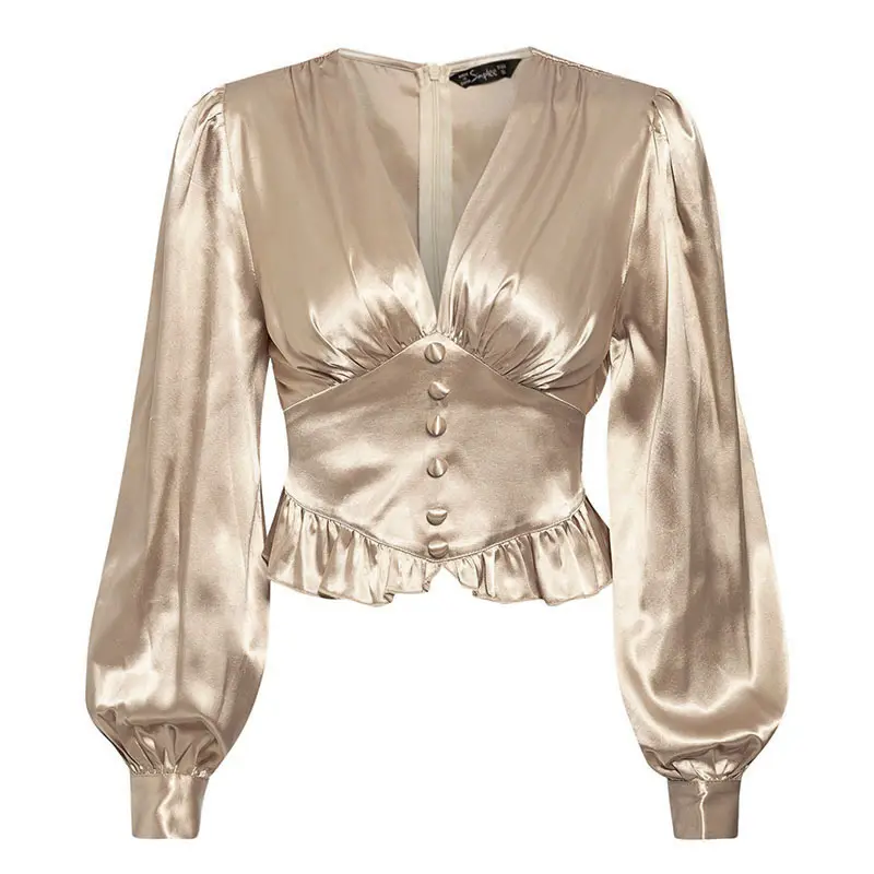 Элегантная пикантная шелковая рубашка цвета шампанского с глубоким V-образным вырезом и длинным рукавом, повседневные женские блузки, топы