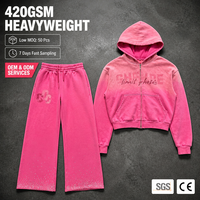 Ensemble sweat à capuche court zippé rose délavé RAMAX et pantalon large en strass 420GSM, style streetwear, logo personnalisé OEM ODM