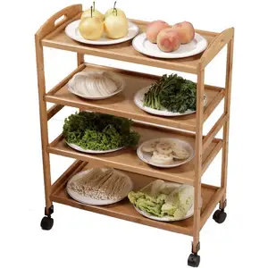 4 Tiers Bamboo mobile dining car tea cart kitchen hotel hotpot dish rack multi-functional with wheel rack