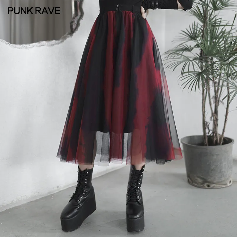 PUNK RAVE spring summer girls sexy dark series vintage party club black and red women mesh print skirt