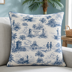 Wholesale Plain Eco-Friendly <b>Blue</b> Toile <b>Throw</b> Pillow Cover Sebastian Inlet Florida Custom Beach Coastal Cushion Case for Hotel - Product Image 2