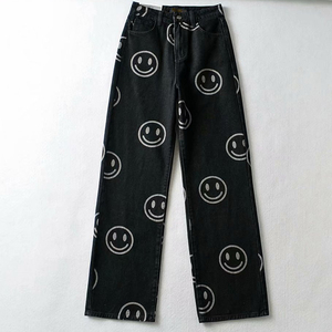 BUFA prezzo all'ingrosso stampa viso sorridente vita alta Plus Size Jeans Boyfriend <span class=keywords><strong>donna</strong></span> <span class=keywords><strong>pantaloni</strong></span> dritti azzurri - Product Image 5