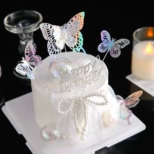 Pearl Double Layer Iridescent Butterfly Cake Topper Birthday Decoration Round Die Cutting Party Supply - Product Image 2